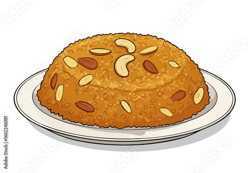 A delicious, golden sweet treat ? a traditional Indian halwa ? sits on a plate, adorned with almonds and cashews. Vibrant and inviting, perfect for food illustrations.