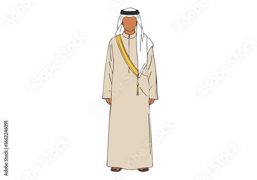 distinguished Arab man in traditional attire exudes cultural elegance Clean lines soft colors and a formal pose create a visually appealing image suitable for diverse commercial applications