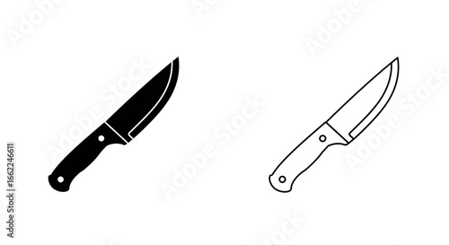 Dual Knives: A detailed depiction of two knives, showcasing both the solid black silhouette and a finely detailed line art representation, perfect for culinary, design, and utility visuals.