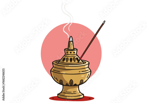 stylized illustration depicts a brass incense burner with smoke symbolizing honor and sacredness The warm colors and simple design create a visually appealing and serene image
