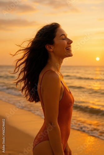 Young caucasian female enjoying sunset on beach in summer swimwear