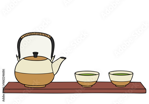 stylized illustration depicts a tea ceremony with a teapot and cups on a shelf The design emphasizes respect and tranquility Clean lines and muted tones create a sophisticated aesthetic