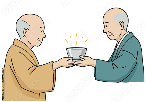 Two elderly men exchange ceremonial cup symbolizing a centenarian honor gift A warm respectful scene with soft lighting and traditional attire Suitable for themes of aging heritage and gratitude