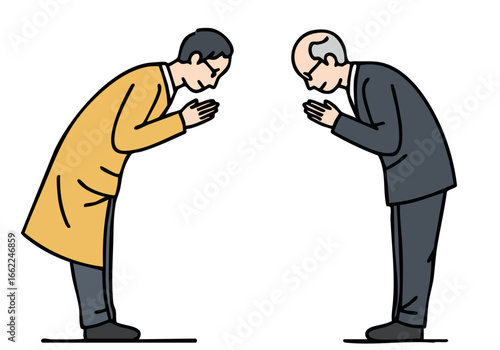 Two men perform traditional -Honor Respect Bow- gesture showcasing cultural etiquette and respect Clean lines and minimalist style create a visually appealing and professional image