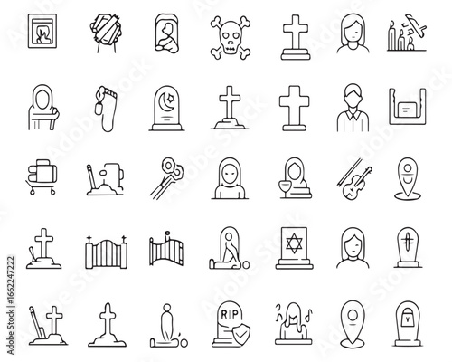 Set of outline icons related to death and funeral. Linear icon collection
