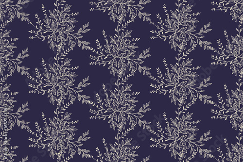 Abstract white on blue seamless pattern with leaves. Two-color vector floral pattern.