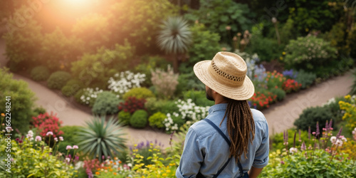 Fototapeta Naklejka Na Ścianę i Meble -  Male gardener with dreadlocks and a straw hat admiring a lush landscaped garden. Professional landscaper looking over his work.