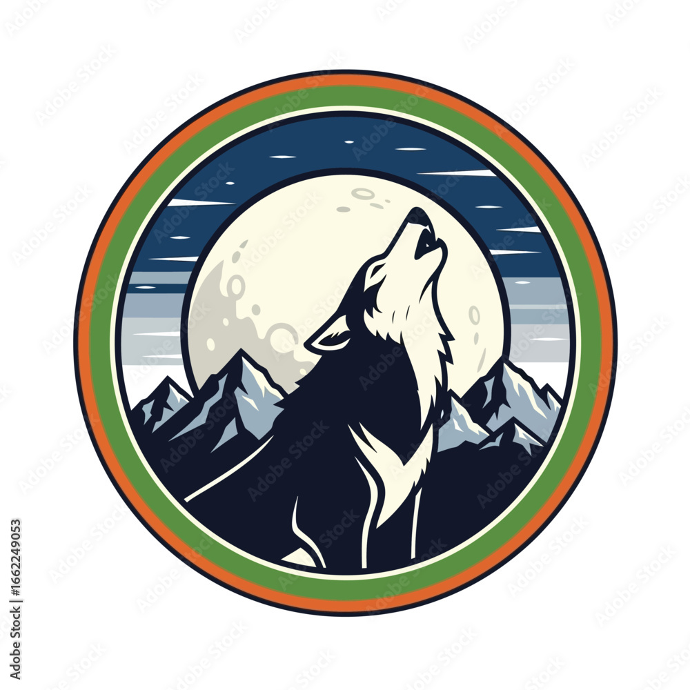 Fototapeta premium A howling wolf silhouetted against a full moon and majestic mountains, encircled by a rustic badge design.