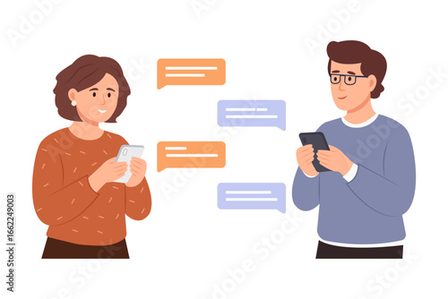  Man and woman couple with mobile phones during internet communication in live chat. Friends using smartphones, messenger, social media to communicate. Flat vector illustration