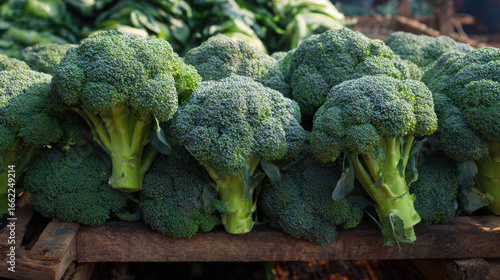 Wallpaper Mural Fresh broccoli heads neatly arranged on a wooden stall at the farmers market in natural sunlight Torontodigital.ca