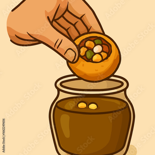 Cartoon-style illustration. Hand dips a pani puri snack into water, branding, social media.