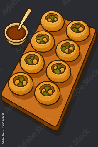 Cartoon pani puri on wood presents indian dishes, offering a snack concept, for commercial product photography and branding.