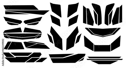 Set of futuristic and aggressive vector graphics for vehicle wraps. Abstract geometric shapes and lines perfect for custom car and motorcycle racing liveries.