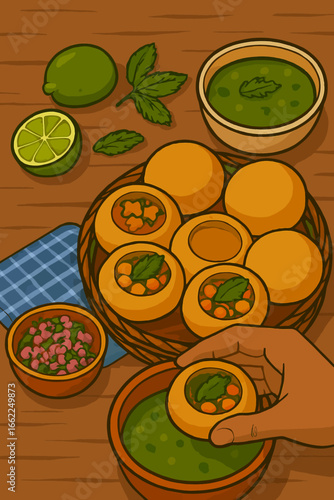 Hand dips pani puri into green sauce on a wooden table. Features detailed cartoon texture. Use for food blog, menu design, or social media.