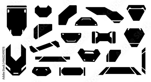 Collection of black industrial shapes resembling mecha armor plates and mechanical parts. Isolated vectors for futuristic sci-fi design, tech logos, and military vehicle decals.