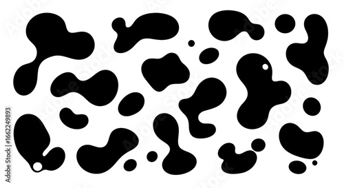 A collection of organic black blobs and fluid shapes resembling a classic cow pattern. These isolated vector spots are perfect for creating textures, backgrounds, or farm themes.
