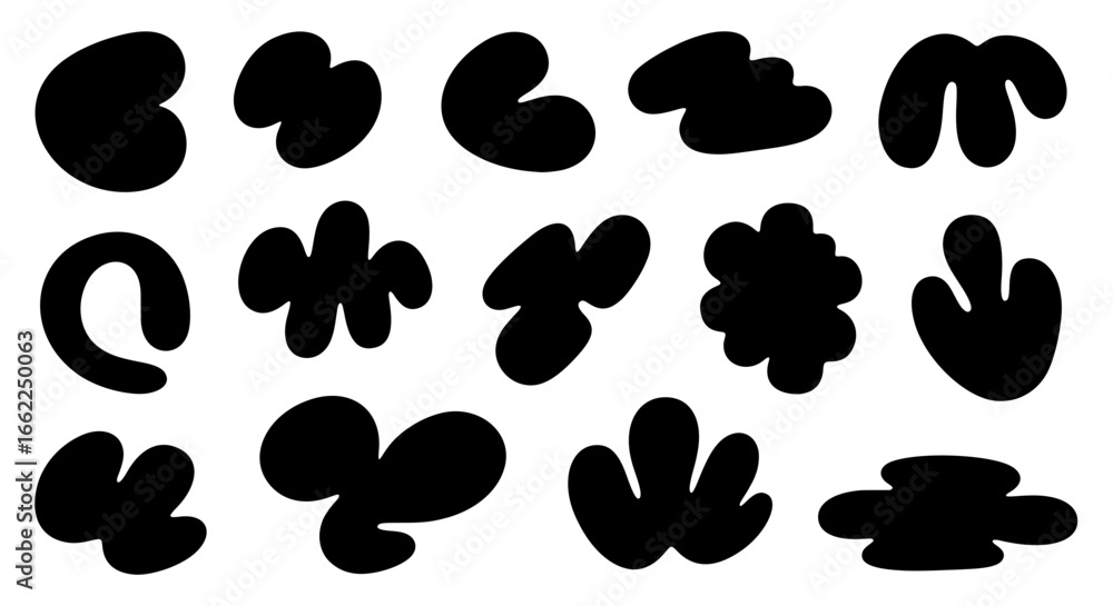 Fototapeta premium A collection of fifteen modern abstract shapes. Set of hand-drawn organic black blobs and playful forms isolated on a white background for trendy and creative design projects.
