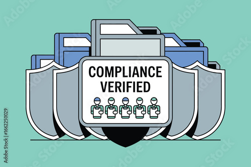 Illustration of compliance verified message with folders and shields on a light green background