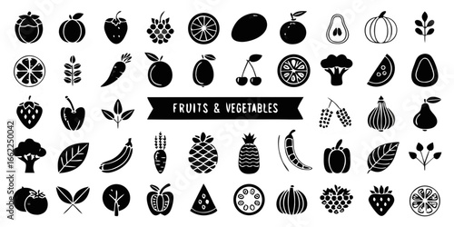set of black silhouettes of fruits and vegetables 