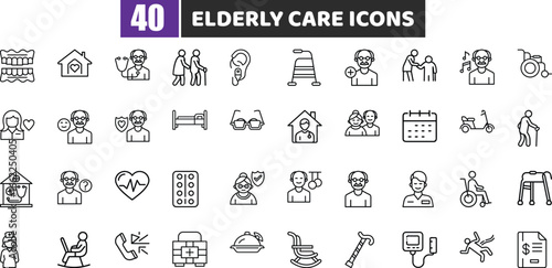 Elderly Care and Senior Health Line Icons Vector Set