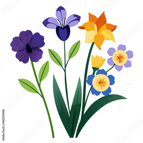 Vibrant spring flowers arrangement with purple yellow orange and blue blooms isolated on white background silhouette