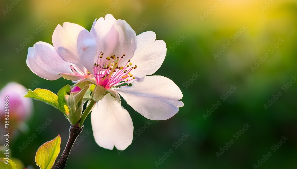 Fototapeta premium elegant white blossom with pink tinted edges against a softly blurred green backdrop