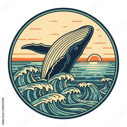 Whale breaching the ocean surface at sunset, stylized illustration in a circular frame.