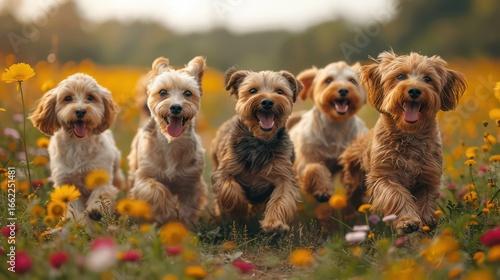 Five delighted dogs romp through a field of vibrant wildflowers, their happy expressions capturing a joyful, outdoor scene.