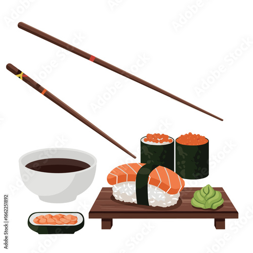 "Sushi set with chopsticks - Vector illustration with transparent background, minimalistic style and clean lines for menu design and restaurant materials"