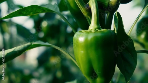 Close-up of a vibrant green bell pepper on a plant