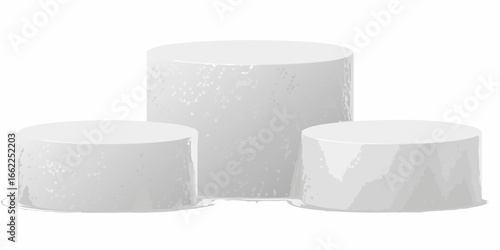 Three textured cylindrical display stands on white