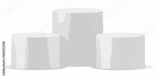 Three abstract cylindrical pedestals on a white background