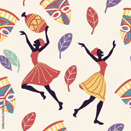 Abstract pattern with dancing women, leaves, and African masks  