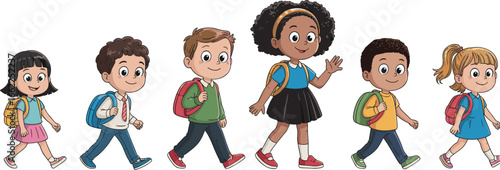 Children, school, walking, backpacks, education, diverse, multicultural, happy, unity, students, learning, childhood, friends, journey, group