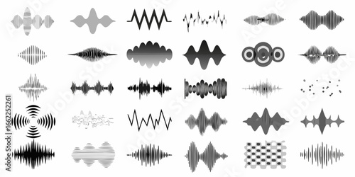 Variety of abstract sound wave and audio visualization graphics