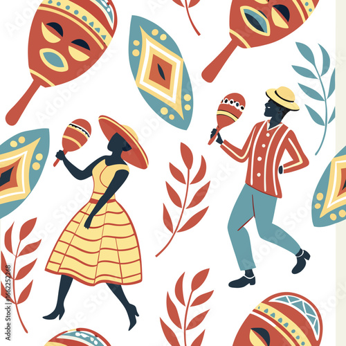 Celebrating with maracas in colorful traditional costumes  