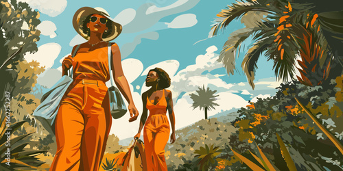 Two fashionable women in orange outfits strolling through a tropical environment
