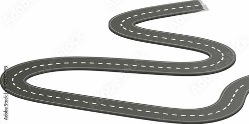 Winding Asphalt Road with White Dashed Lines on White Background Keywords: road, asphalt