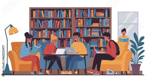 Reading Room: A cozy library scene, featuring people engrossed in books, surrounded by shelves brimming with knowledge, promoting the pleasures of literary exploration.