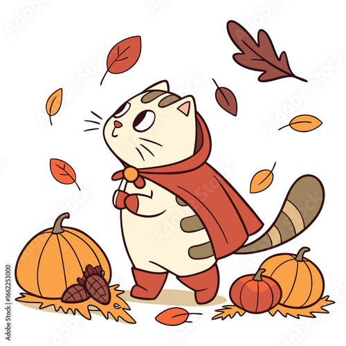 Playful Happy Scottish Fold design, styled with wearing a cape and Autumn Leaves shades in a Autumn setting