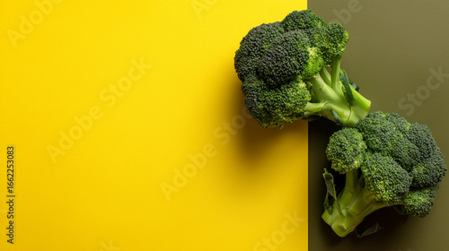 On color background, flat lay composition with fresh green broccoli, space for text.

