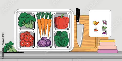 A tray of fresh vegetables with a knife and cutting board ready for food preparation on a counter
