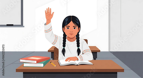 Enthusiastic student with braids raises her hand high in the classroom ready to answer the question confidently and engage in the lesson attentively demonstrating her preparedness