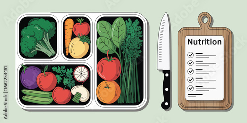 A bento box filled with various vegetables next to a knife and nutrition checklist on a cutting board