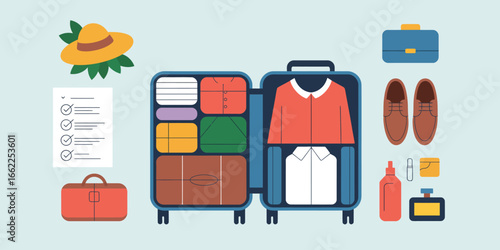 Illustration of an open suitcase packed with clothes and accessories for a trip on a light background