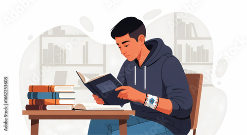 A young man engrossed in reading a book, surrounded by a collection of books at his desk, bathed in the soft light from the window, creating an atmosphere of learning and reflection
