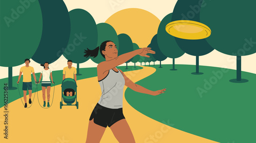 A woman throwing a frisbee in a park with people exercising and a baby in a stroller in the background