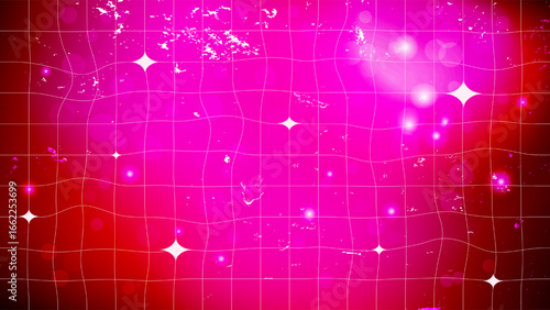 Hot pink glowing gradient checkered disco background with stars and bokeh. Retro wavy 80s 90s 2000s mesh pattern for abstract design, template, poster, banner, or wallpaper. Vector illustration.