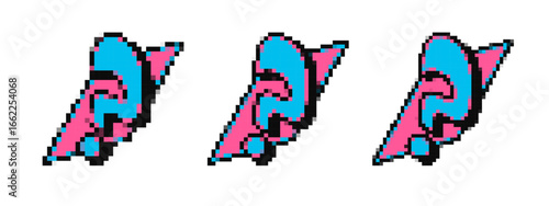 Three colorful retro pixel arrows on a white background, perfect for 8 bit video game design or digital art.