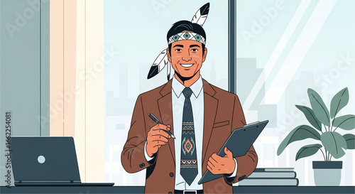 A business professional embodying indigenous heritage in a modern office setting, showcasing a blend of tradition and contemporary corporate culture in his attire and accessories